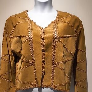 Gantos Tan Women's Leather Patch Jacket Intricate Detailing Large